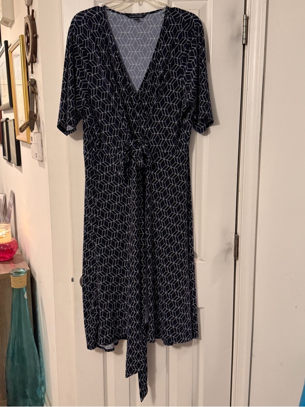 Geo-Print Navy Wrap Dress with Tie Waist